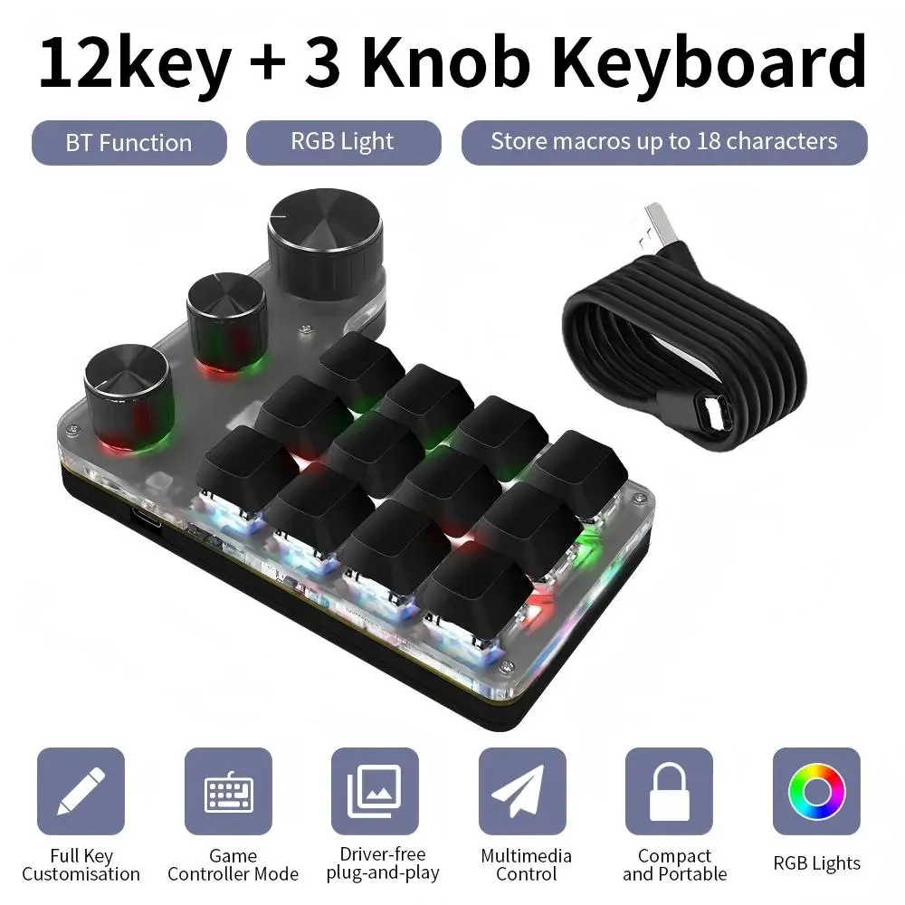 Mini Bluetooth Programming Macro Custom 3 Knob Keyboard RGB 12Key Copy Paste Photoshop Gaming Keypad Mechanical Hotswap Macropad