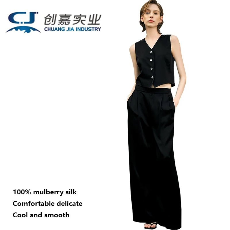 

100% Mulberry Silk Women's Suit Clip and Wide-leg Trousers 2 Pieces of Elegant Casual Dress Smooth Bright High-end Clothing