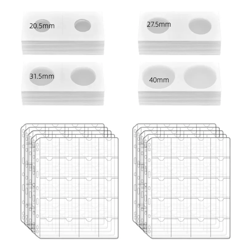 10 Sheets Coin Pocket Pages Coin Holder for Collectors 200 Pockets and 4 Size Coin Collection with A Size of 20.5/27.5/31.5/40mm