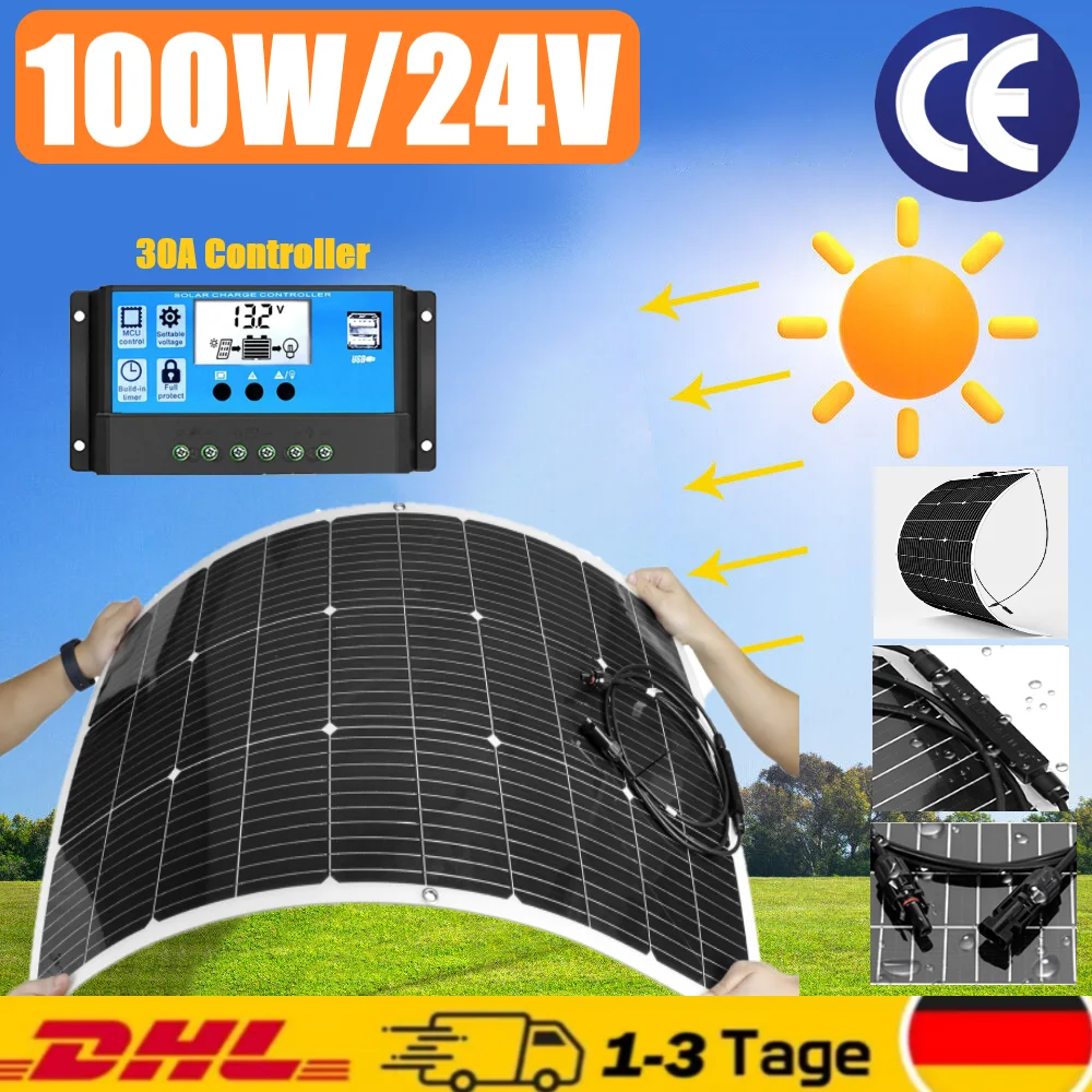 

Flexible Solar Panel 100W 12V System 18V Photovoltaic Panels 30A Controller Solar Cells Car Charge Solar Battery Camping RV Home