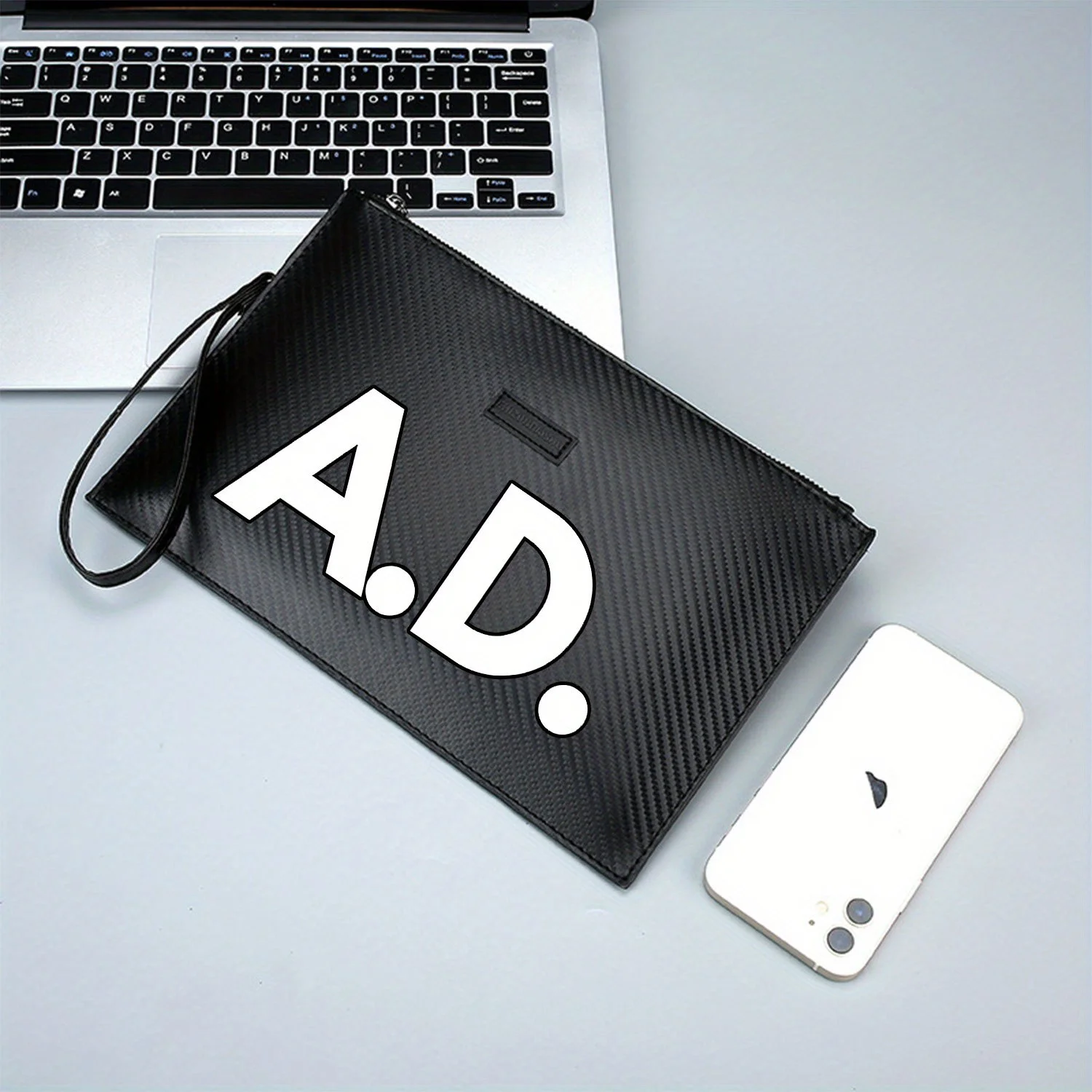 Bold white letters logo on black background Elegant Printed PU Men's Handbag Fashionable and Practical for Everyday Carry