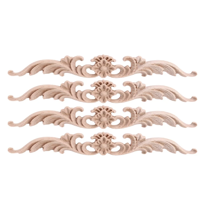 4Pcs Wood Appliques and Onlays, Unpainted DIY Decorative Wood Carved Onlay Appliques for Bed Door Cabinet Wardrobe-DTB1