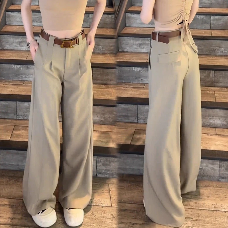 2025 outono novo high-end casual com cinto calças de perna larga mulheres cintura alta e sensação caída calças de perna reta