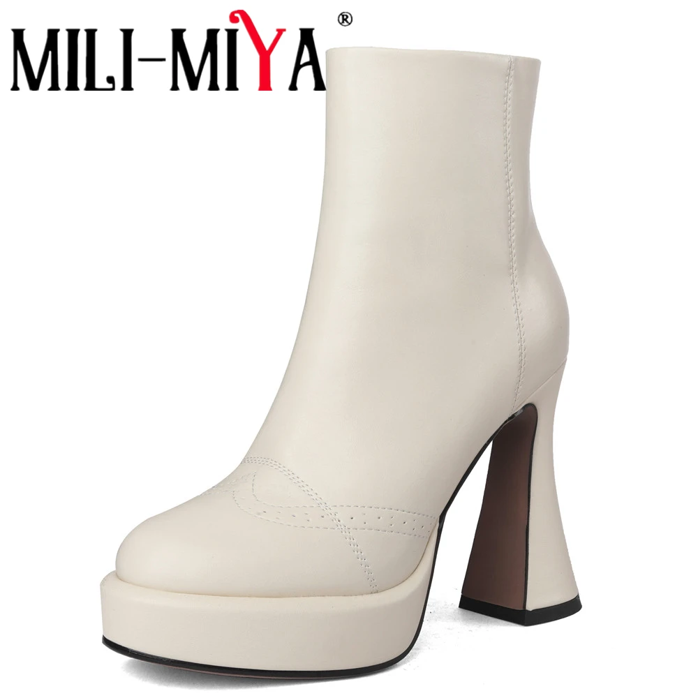 

MILI-MIYA женские классические ботильоны из коровьей кожи на очень высоком каблуке с круглым носком и платформой, однотонные, большие размеры 34-41, модные