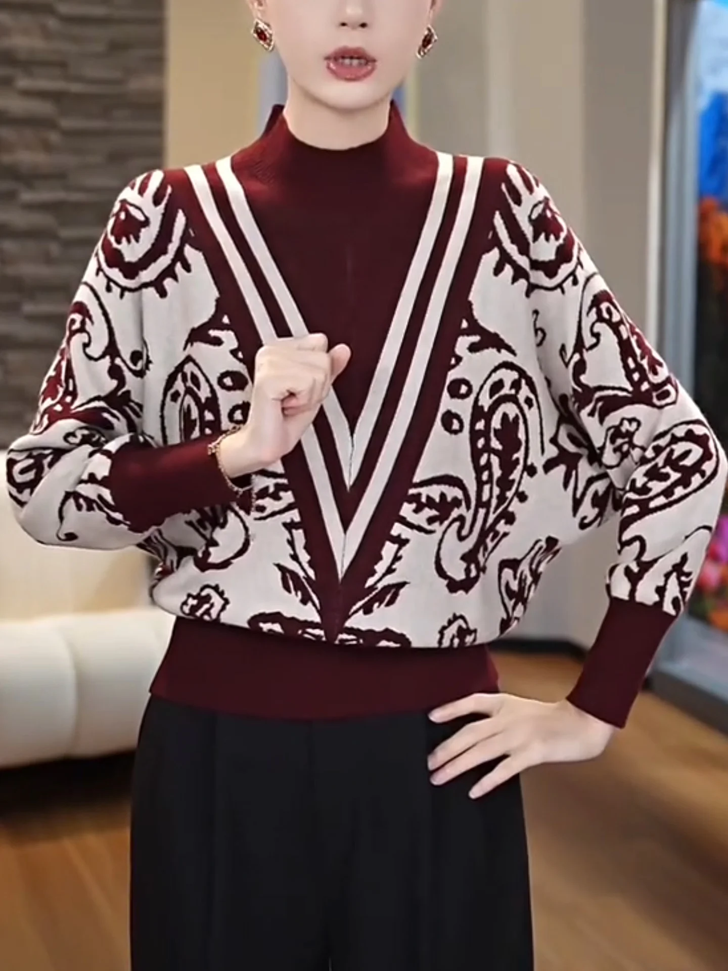 

Женский вязаный топ на осень-зиму, винно-красный с принтом, с высоким воротником, базовый слой, повседневная одежда, премиум-класс