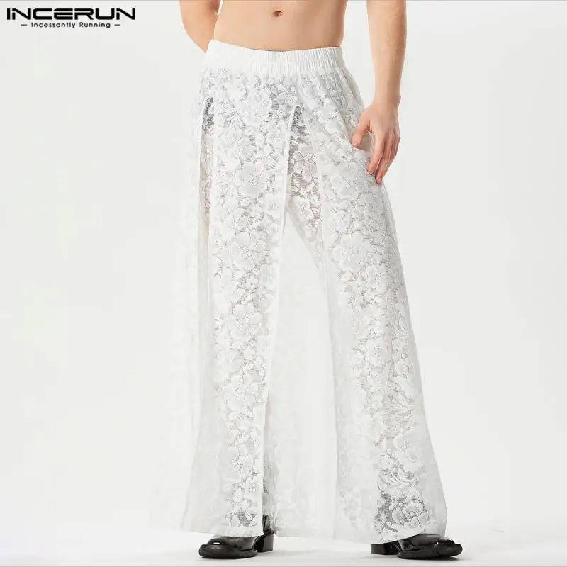 

INCERUN 2024 American Style Sexy Mens Pantalons Lace Hollow Slit Design Pants Casual Party Shows Hot Selling Thin Trousers S-5XL