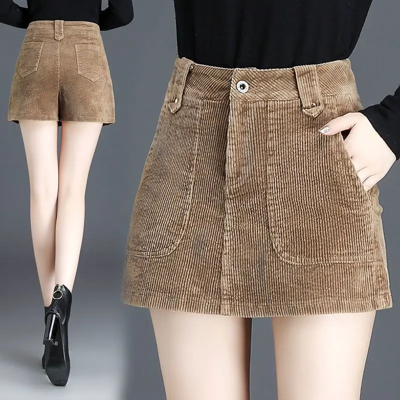 

Autumn Winter Women Shorts Casual Pants High Waist Solid Color Loose Corduroy Shorts Fashion Wide Leg Pockets Pant Outwear S25