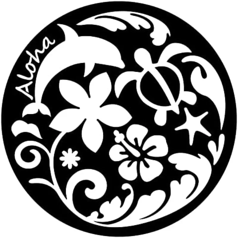 Pegatina Redonda de Vinilo Impermeable XL Negra con Diseño de Delfín, Ola, Flor y Tortuga Hawaiana