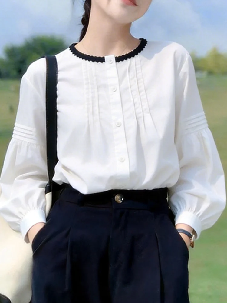 Korean Style Color Block round Neck Lantern Sleeve Shirt Women's Versatile Slimming Top Fashionable Autumn Cotton Shirt