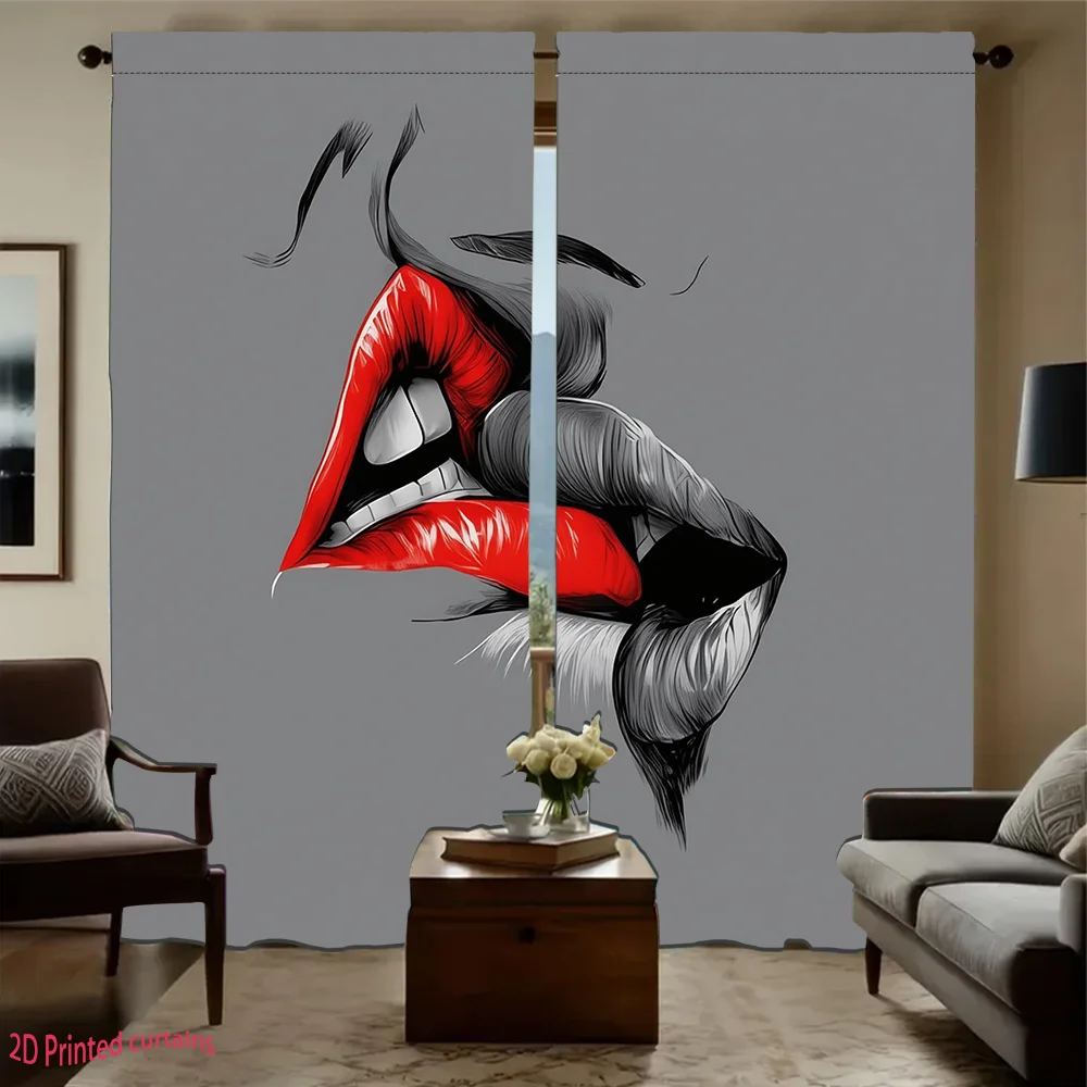 Fashion Red Lips Rod Pocket Curtain Black White Sketch Kiss Mouth Grey Background Print Trendy Decor Living Bedroom Home Window