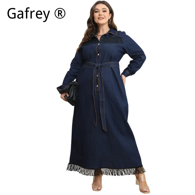 

Джинсовое платье больших размеров XL, XXL, 3XL, 4XL, 5XL с бахромой, длинными рукавами, на пуговицах, облегающее, мини, для вечеринок, для женщин