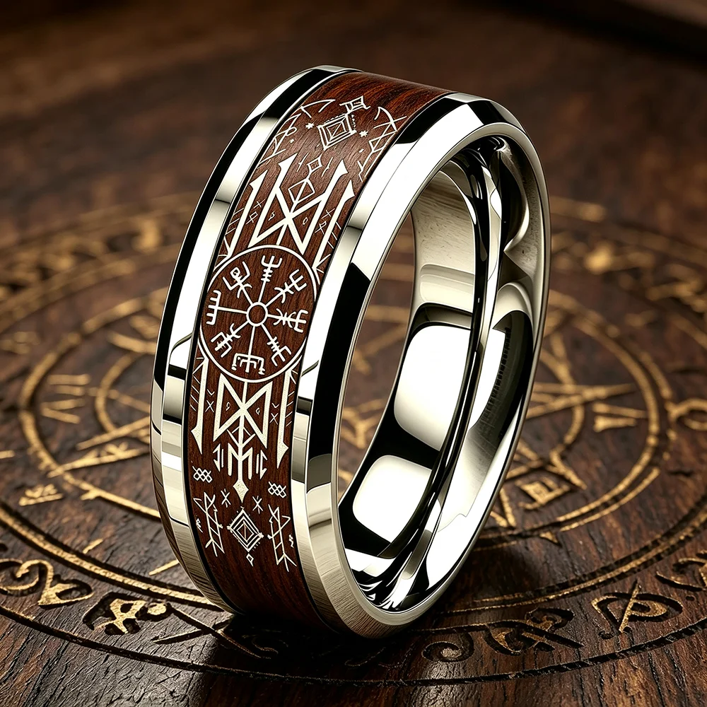 Wikinger-Kompass Vegvisir Ring mit Holzeinlage Vintage Nordischer Wikinger-Runen Edelstahlring für Männer und Frauen Amulett Schmuck Geschenke – Detail 5