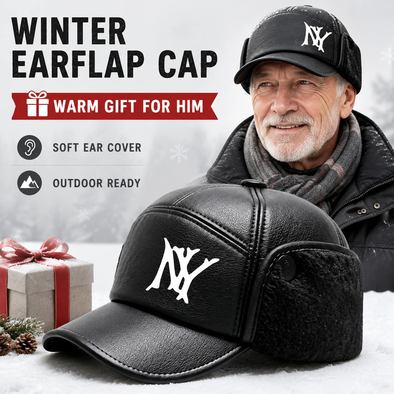Trapper Hat Ear Flap - หมวกแก๊ปหนังเทียมสีดำสำหรับผู้ชาย พร้อมที่ปิดหูแบบพับได้ ป้องกันลมหนาว เหมาะสำหรับผู้สูงอายุ