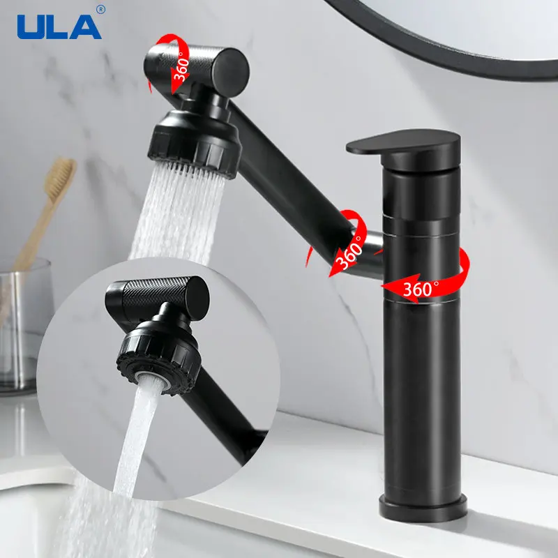 

ULA Gold Black Basin Faucet Bathroom Mixer Faucet Crane Waterfall Stainless Steel Swivel Spout Hot Cold Water Mixer Taps