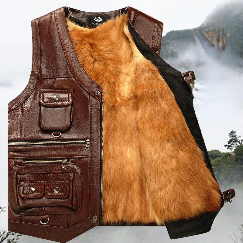 

2024 Cowhide Faux PU Leather Vest Men V Neck Waistcoat Male Sleeveless Jacket Thick Motorcycle Vest Multi Pocket 2023 D06