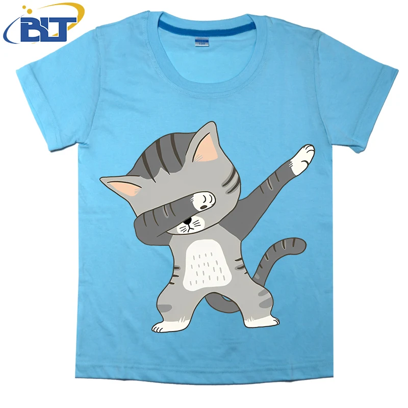 Dabbing Cat Printed Kids T-shirt Summer Cotton Short Sleeve Casual Tops Suitable for Boys and Girls