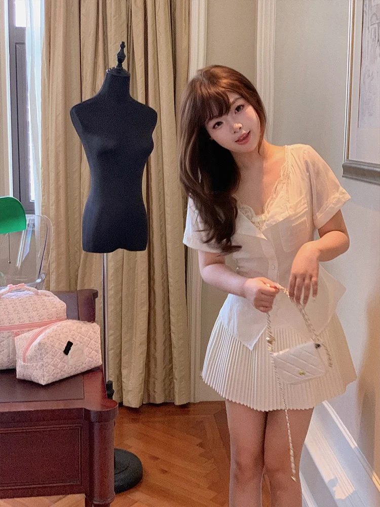 

aph Oxygen Summer Linen White Waist Cinched Lace irt Thin irt Women's Premium Faion Loose Fit ort Sve V-...