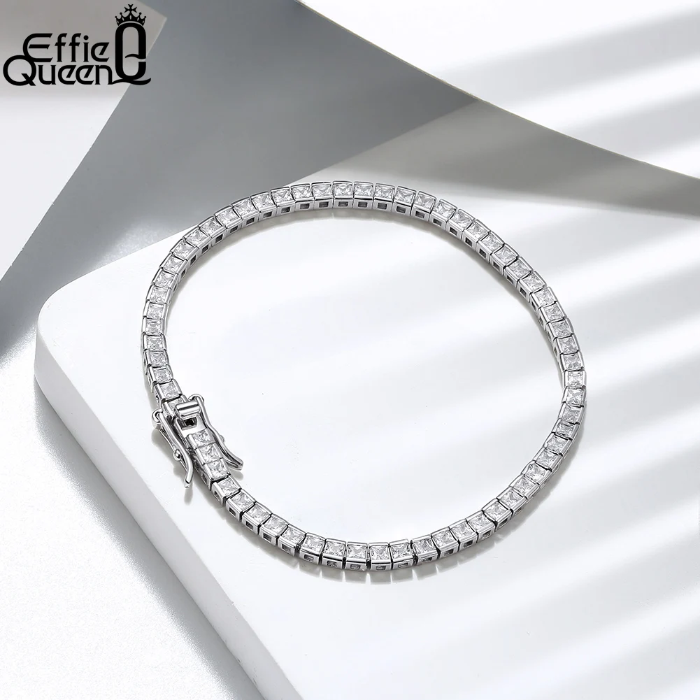 Effie Queen Real 925 Sterling Silver Tennis Bracelet 2mm Princess Cut Cubic Zirconia Bracelet Jewelry Gift for Women Girls SB143