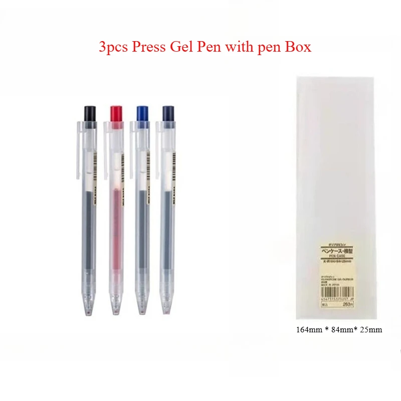

Набор из 3 гелевых ручек с прессовым механизмом в коробке, в стиле MUJI, 0,5 мм, прозрачный корпус, для офиса и учебы