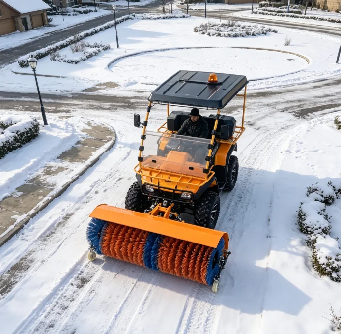 Snow Removal Vehicle 4x4 Off-Road with Roof, Front Brush Blower for Winter Road Maintenance