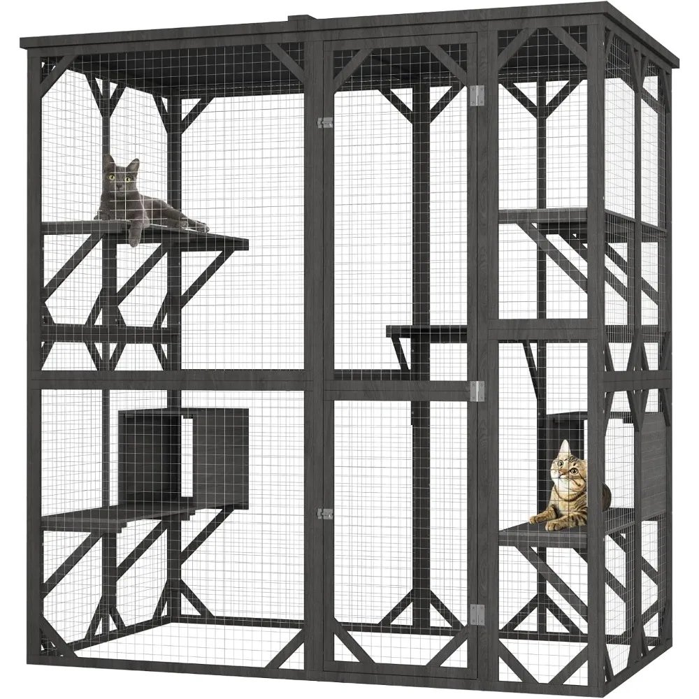 

Outdoor Catio with Roof 71.3" Height Large Wooden Cat Enclosure with 3 Jumping Platforms and 2 Napping Houses Cat Cage for Cat