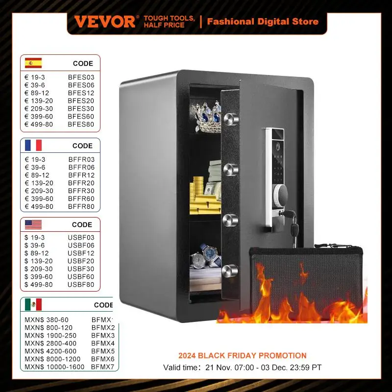 VEVOR Electric Safe 2.2/1.8 Cubic Feet Fingerprint & Digital Security Cabinet Safe W/ Fire-proof Bag for Cash Jewelry Documents