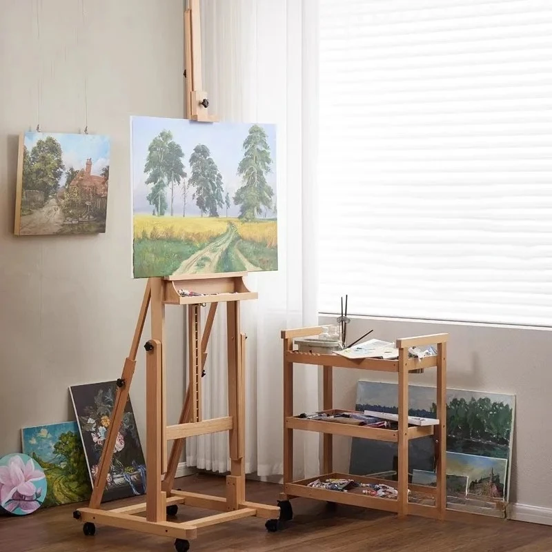 Beech oil painting easel can be lifted and lowered, flat and upright, floor-to-ceiling large easel, wooden Chinese painting ease