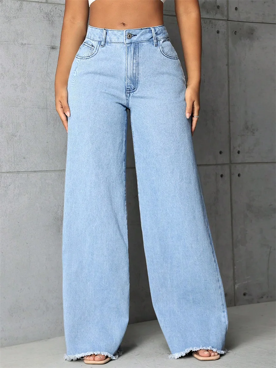 

Benuynffy Vintage Baggy Wide Leg Jeans Women's Light Blue Mid Waisted Denim Pants Streetwear Fashion Raw Hem Straight Trousers