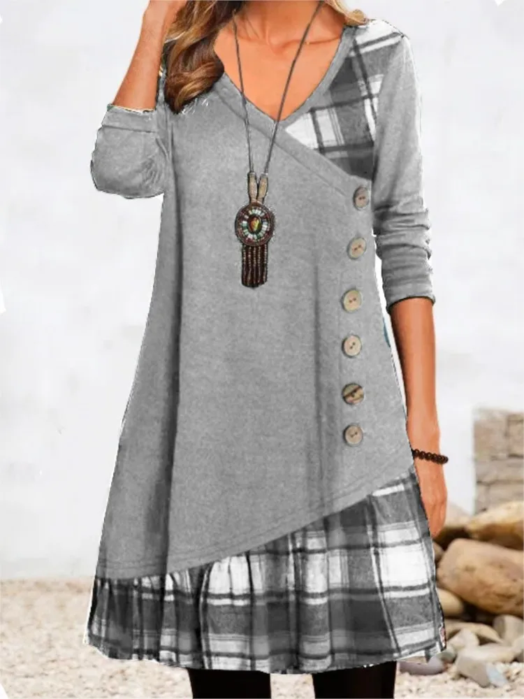 2025 Spring Summer New Top Women's Long Sleeve Button Check Patchwork Fashion Dress Ladies V Neck A-Line Casual Gown Clothing