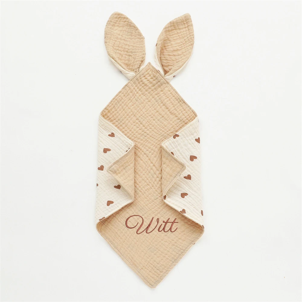 Personalized Name Cotton Muslin Comforter Blanket Newborn Sleeping Toy Rabbit Ears Sleep Soothe Appease Towel Bib Saliva Towel