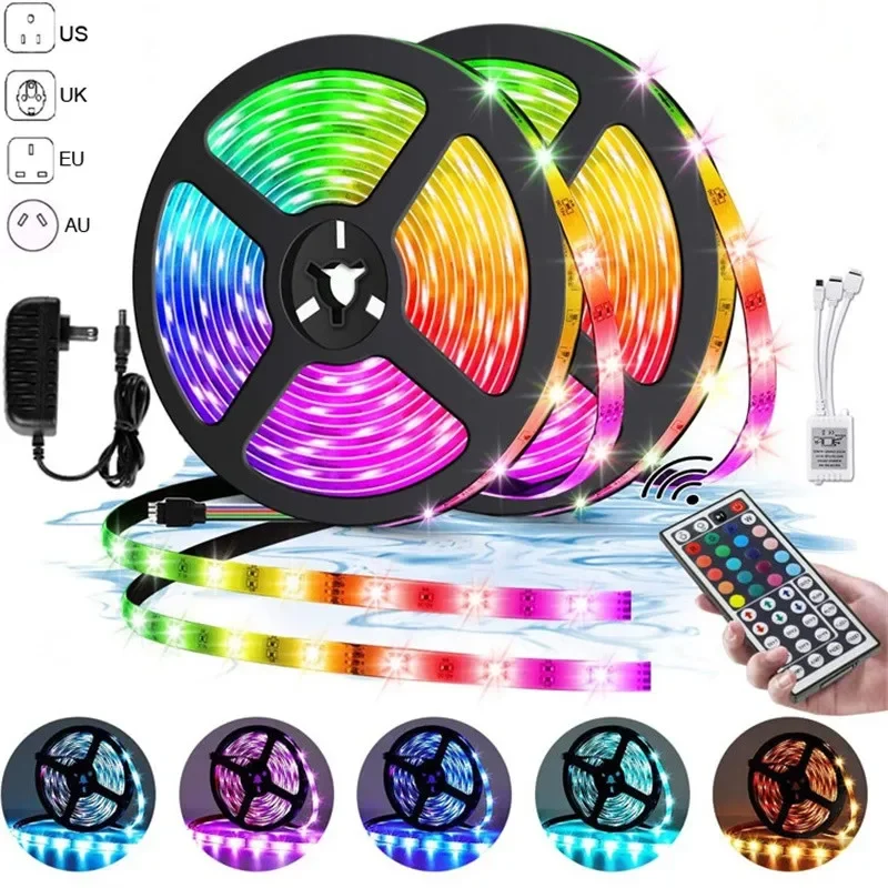 LED Strip Light RGB 5050 SMD 2835 Flexible Ribbon Fita Led Light Strip RGB 5M 10M 15M Tape Diode DC 12V+ Remote Control +Adapter