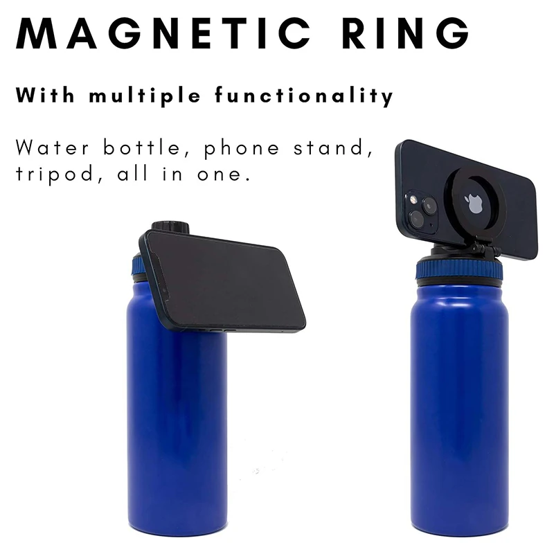 Magnet Lid Vacuum Flask Stainless Steel Water Bottle Reusable Thermal Bottle with Magnetic Phone Holder for Gym Sports