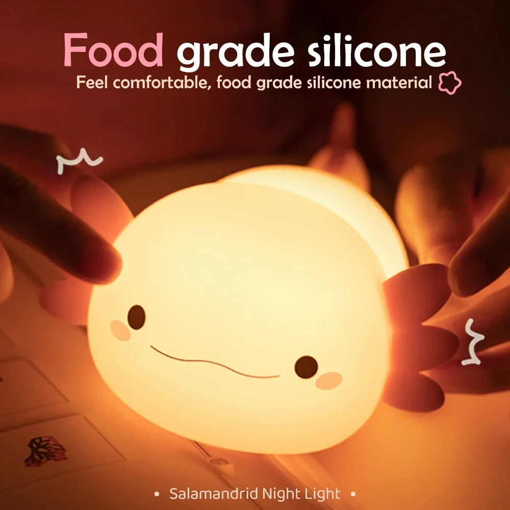 Novelty Silicone Axolotl Night Light Rechargeable Nursery Sleeping Lamp Touch Control Nightlights for Baby Room Decor