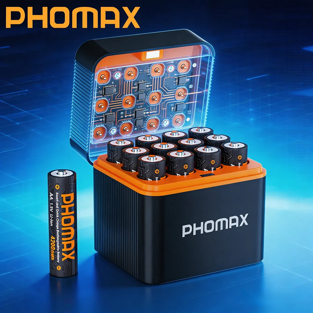 PHOMAX 12-Slot 1.5V AA 4200mWh Smart Charging Compartment Lithium Battery Rechargeable Charger Set Large Capacity for Remote Toy