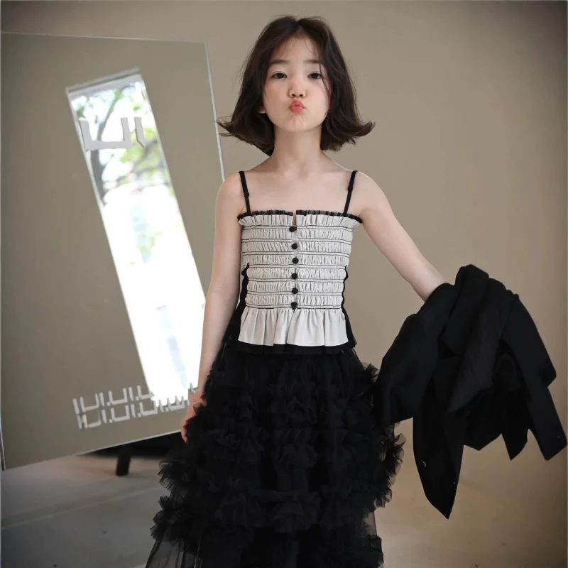 

Korean children's clothing summer girls' outfit, fashionable color-blocked camisole top, stylish children's mesh skirt