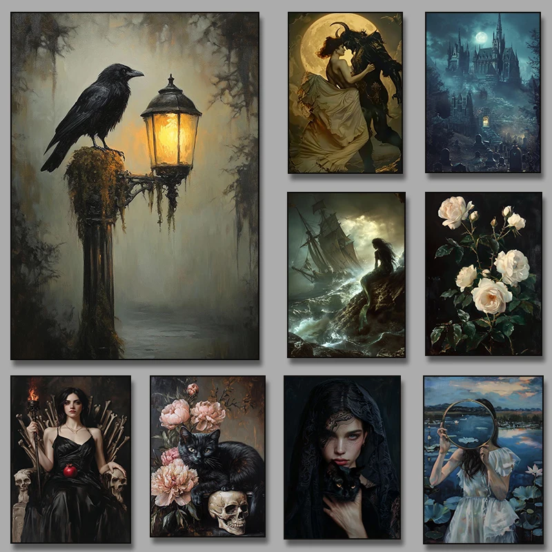 

Raven Mermaid Witch Castle Floral Dark Academia Poster Diamond Painting Print Wall Art Picture for Living Room Home Decor