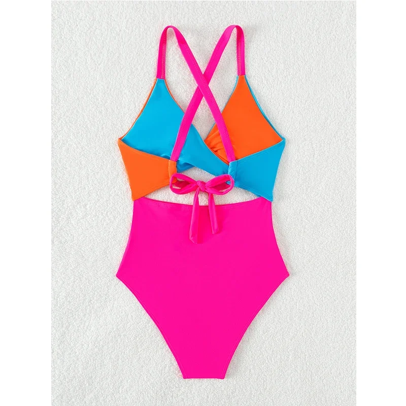 Women's Swimsuit 2024 New,Contrast Color High Waist One-piece Bikini,V-neck Hollow Out Suspender Backless Swimwear,Monokini Y104