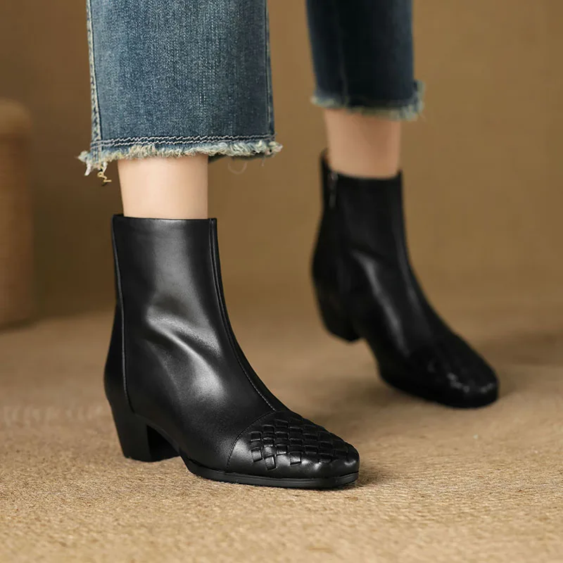 

Women’s Genuine Calf Leather Chunky Heel Ankle Boots Retro British Square Toe Woven Design
