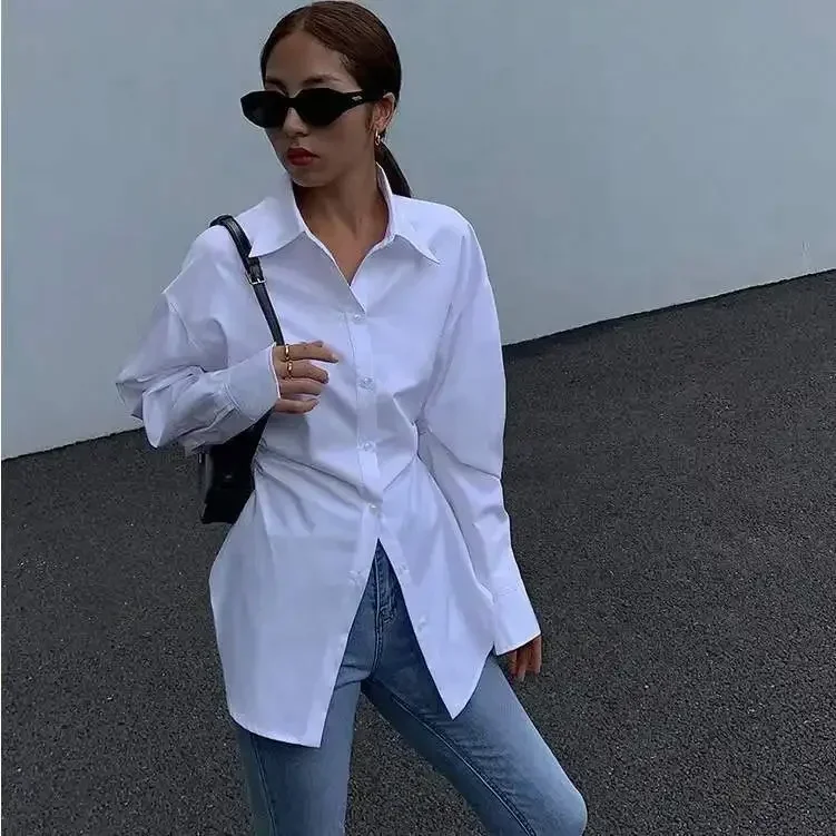 Waistband Slim Shirt Mid-length Long Sleeve Tops Pleated Lapel Casual Shirts Retro Fashion Lower Body Disappears White Blouses