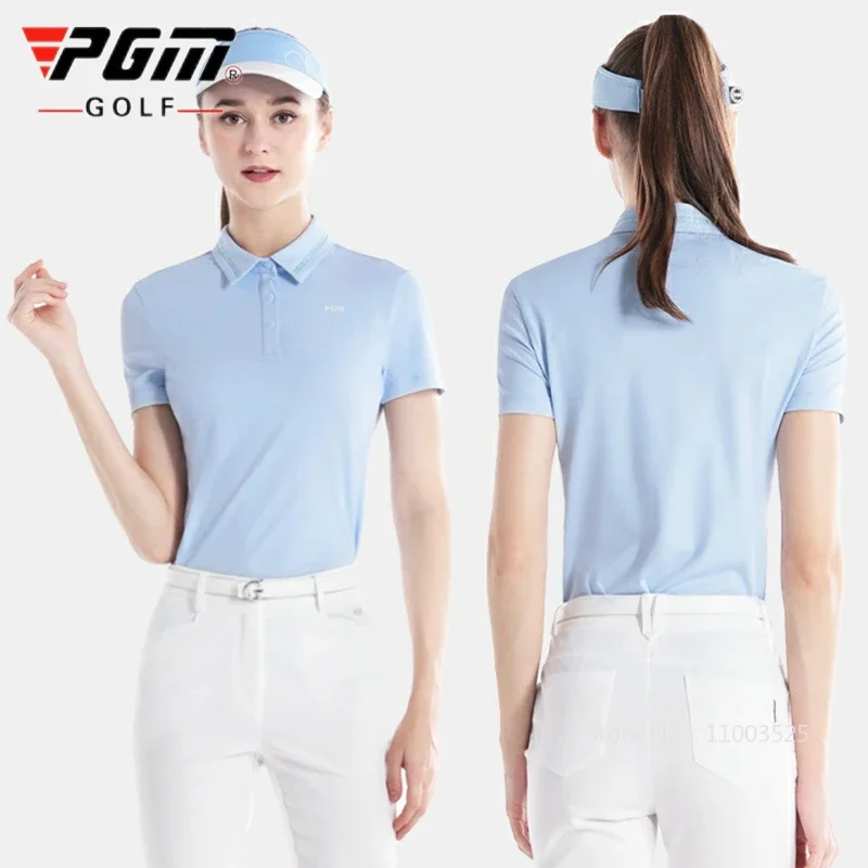 PGM Summer Women Golf Short Sleeved T Shirts Ladies Sports Slim Tops Quick Dry Breathable Tennis Polo Shirts Button Front Collar