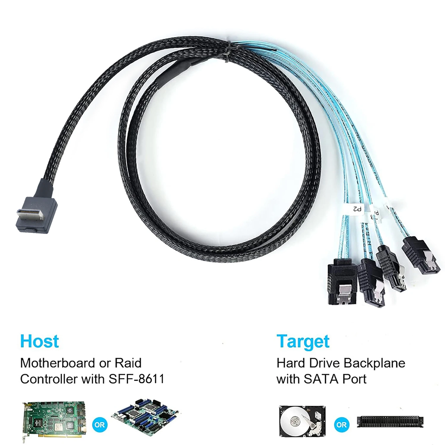 OcuLink PCIe PCI-Express SFF-8611 4i 42P ذكر 90 درجة إلى 4X SATA 7P أنثى مستقيم SSD كابل بيانات نشط