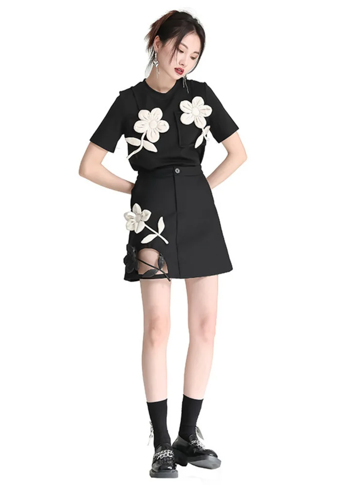 Vestido elegante oco solto com apliques florais 3D – fantasia de palco de manga curta para performance de dança clássica