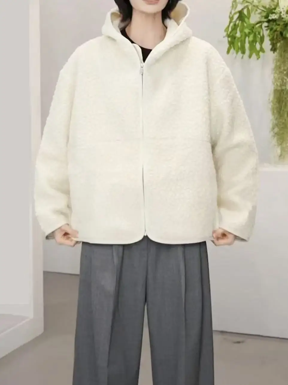 

Casual Teddy Fce Hooded Jaet Women's Commute Sle Thiened Long Sve Zipper Closure Pure Color Winter New Arrival