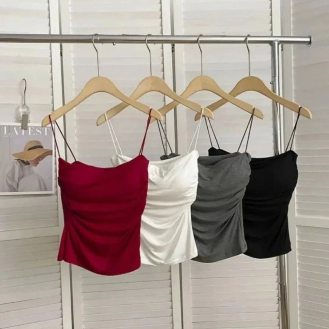 3PCS Stylish Waist Pleated Corset Soft Support Fixed Chest Pad Sleeveless Vest Sexy Crop Top Thin Straps Solid Color Camisole