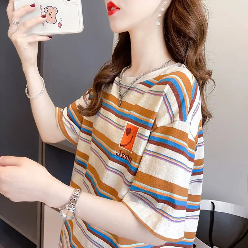 Women's Clothing Korean Striped Contrast Color Casual T-shirt Summer New Fashion Round Neck Short Sleeve Loose Tops for Female