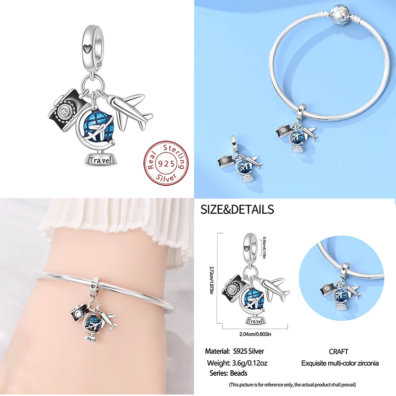 New 925 sterling silver travel three piece pendant set with beads, suitable for wearing as original women's bracelet pendant