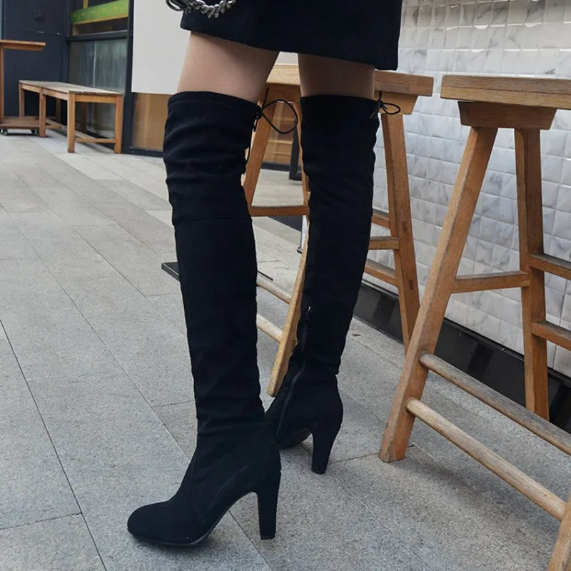ORCHA LISA New Flock Women Over The Knee Boots Lace Sexy High Heels Autumn Shoes Winter Women Boots long Size 31 45 44