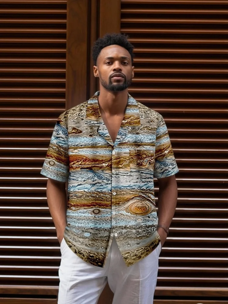 Men's Short Sleeve Shirt Casual Loose Summer Tops Holiday Jupiter Planet Print Hawaiian Cuban Collar Tunics Oversized