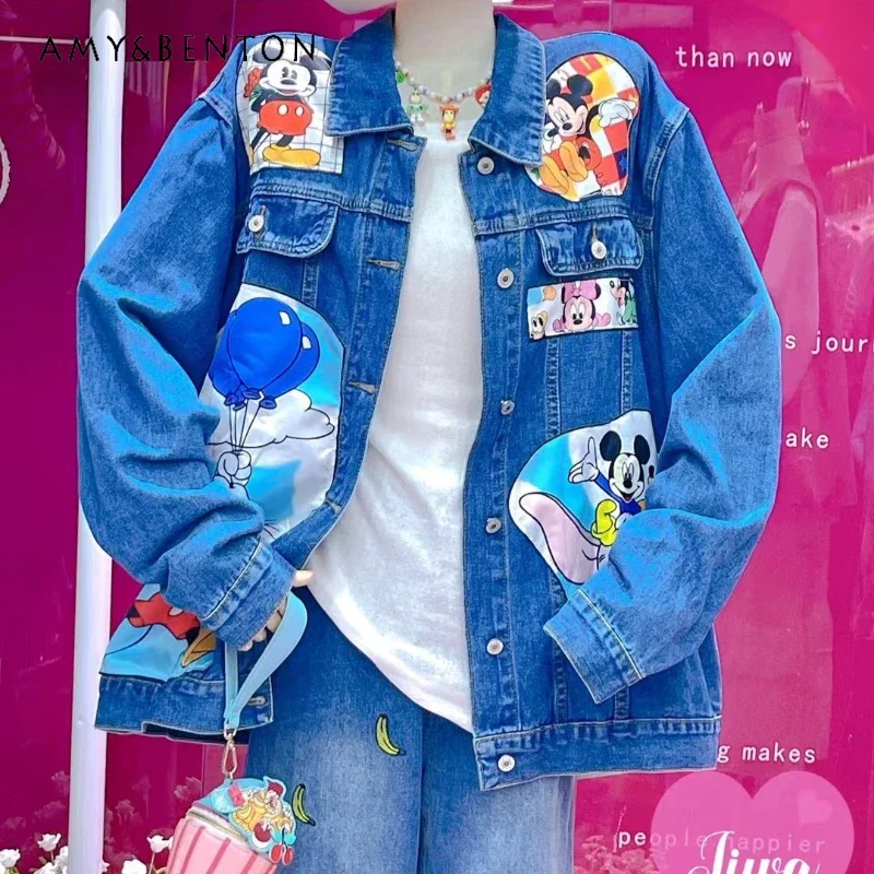 

Potdemiel Autumn Winter Cartoon Loose Oversize All-Matching Jeans Jacket Street Fashion Design Top Denim Coat Outwear For Women