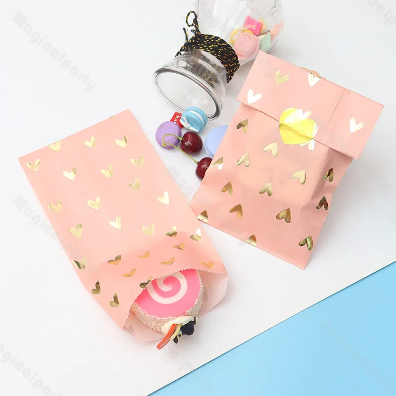 12pcs Foil Hot Stamping Bag Gold Heart Gift Wrapping Bag Wedding Anniversary Candy Bag Birthday Party Favor Bags Pink Sweet Bag